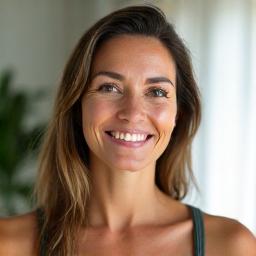 Portretul unei antrenoare personale feminine, Elena Stoica, zâmbind, într-un studio de yoga sau Pilates luminos