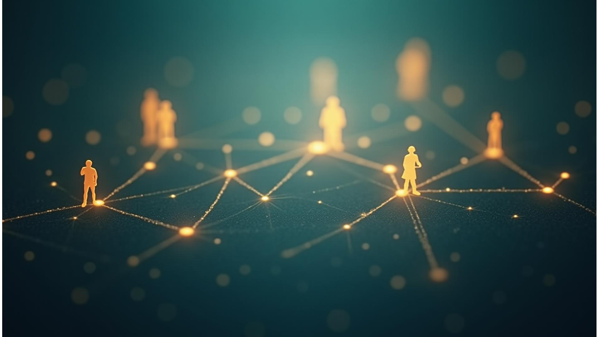 O rețea interconectată de oameni care interacționează digital, simbolizând o comunitate online de wellness