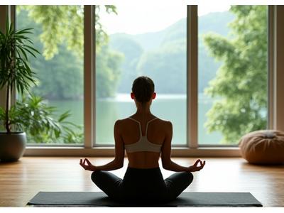 O persoană meditează într-o poziție de yoga, înconjurată de plante verzi și natură, reprezentând mindfulness