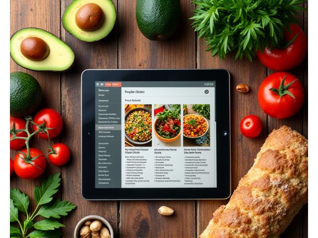 O colecție de rețete sănătoase afișate pe o tabletă, cu ingrediente proaspete în jurul ei