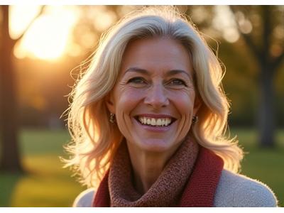 O femeie zâmbitoare, radiantă, înainte și după o transformare wellness, cu un text de succes