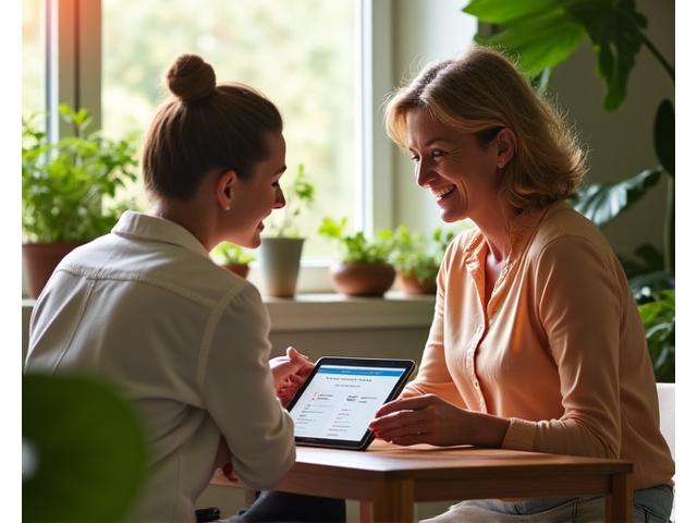 Consultant Ape Vii Wellness discutând cu o clientă zâmbitoare într-un birou luminos, arătând pe tabletă un plan de wellness personalizat.