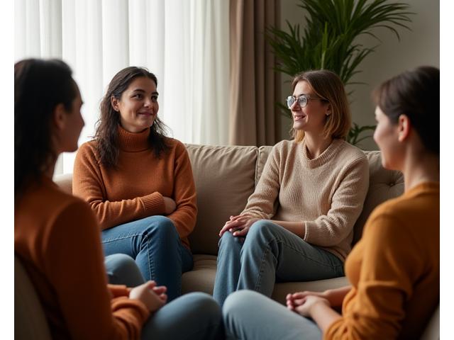 Un grup divers de adulți, de diferite vârste și etnii, stând într-un cerc confortabil, ascultându-se reciproc cu empatie, într-un mediu cald și primitor.