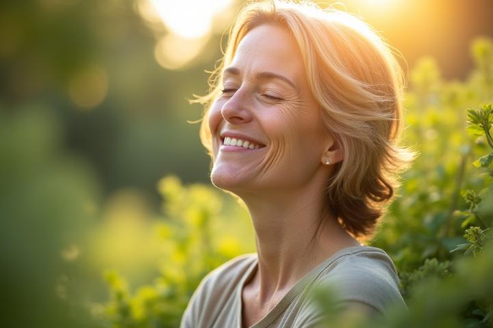 O femeie zâmbitoare și calmă, înconjurată de natură, cu o expresie senină care emană pace interioară și bunăstare mentală.