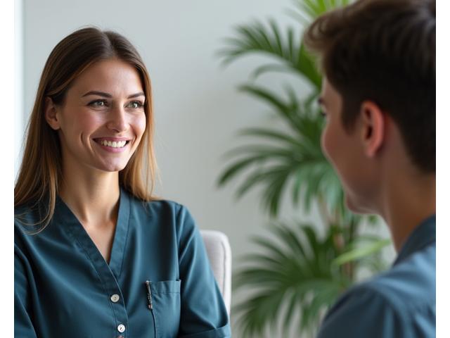 O terapeută cu o expresie calmă și empatică, ascultând activ un client într-o ședință de consiliere individuală, într-un birou profesional, luminos și discret.