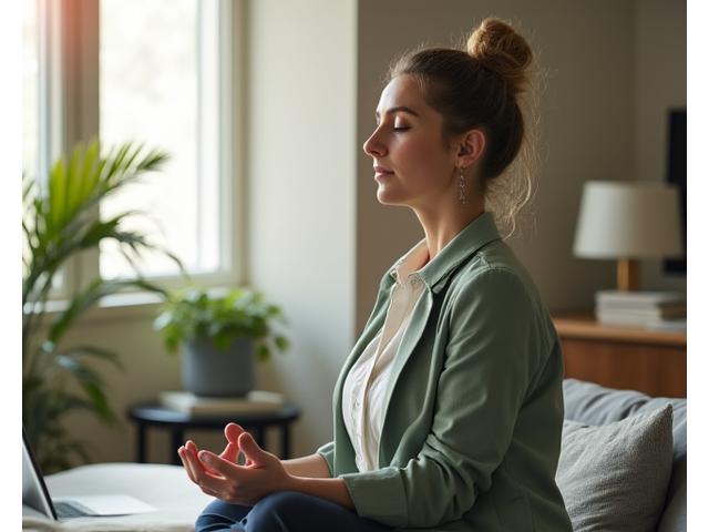 Un om de afaceri meditând liniștit într-un birou modern, cu o aură de concentrare calmă și productivitate, elemente de natură discret introduse.