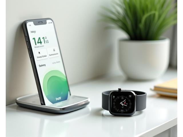 Un ceas inteligent modern afișează metrici de sănătate (puls, pași, somn) alături de un smartphone care rulează o aplicație de wellness, pe o masă minimalistă, ilustrând integrarea tehnologiei în viața de zi cu zi.